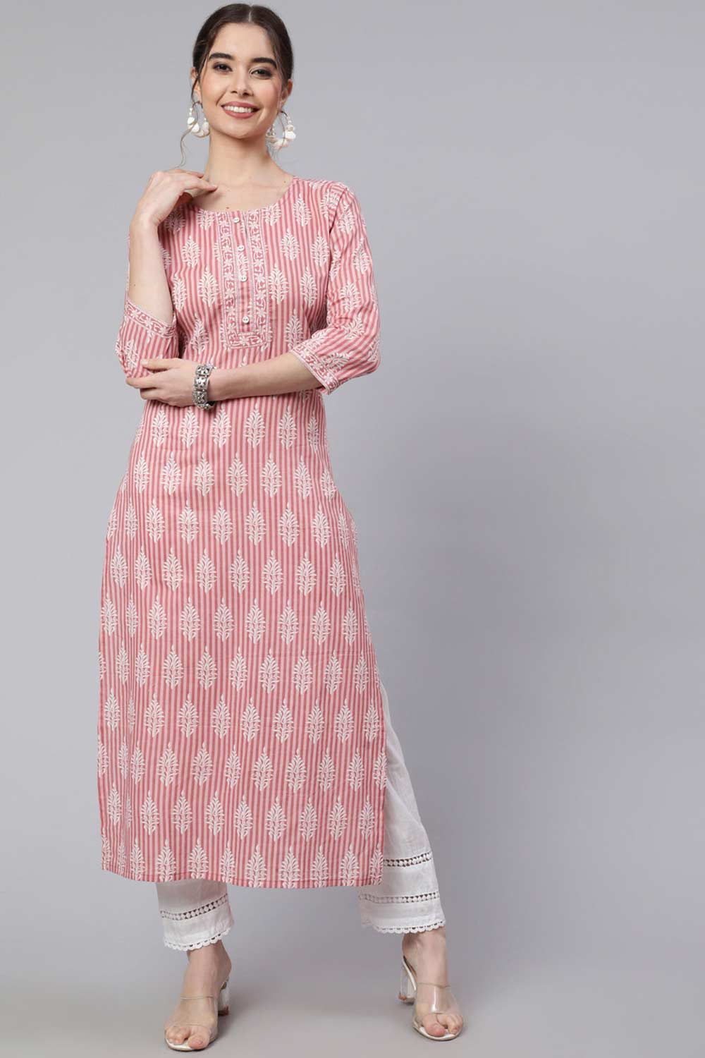 Buy Pink Cotton Printed straight kurta Online - Back