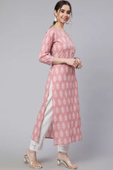 Buy Pink Cotton Printed straight kurta Online - Side