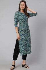 Buy Teal Green Cotton Ethnic Printed Straight Kurta Online - Front