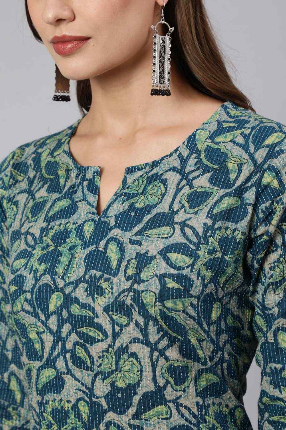 Buy Teal Green Cotton Ethnic Printed Straight Kurta Online - Back