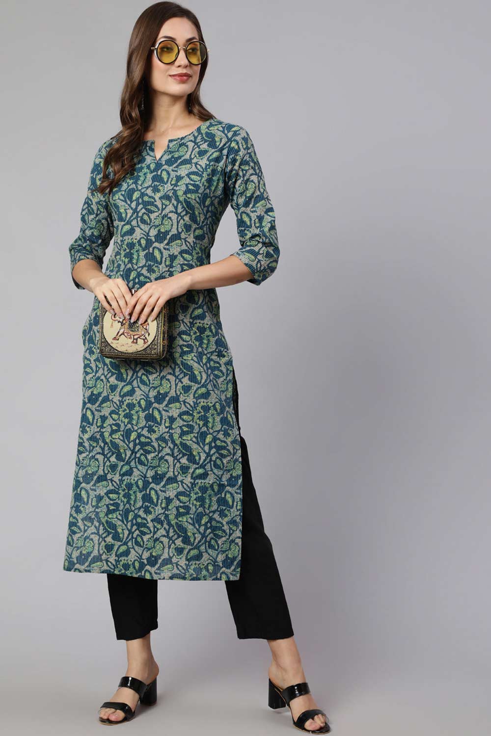 Buy Teal Green Cotton Ethnic Printed Straight Kurta Online