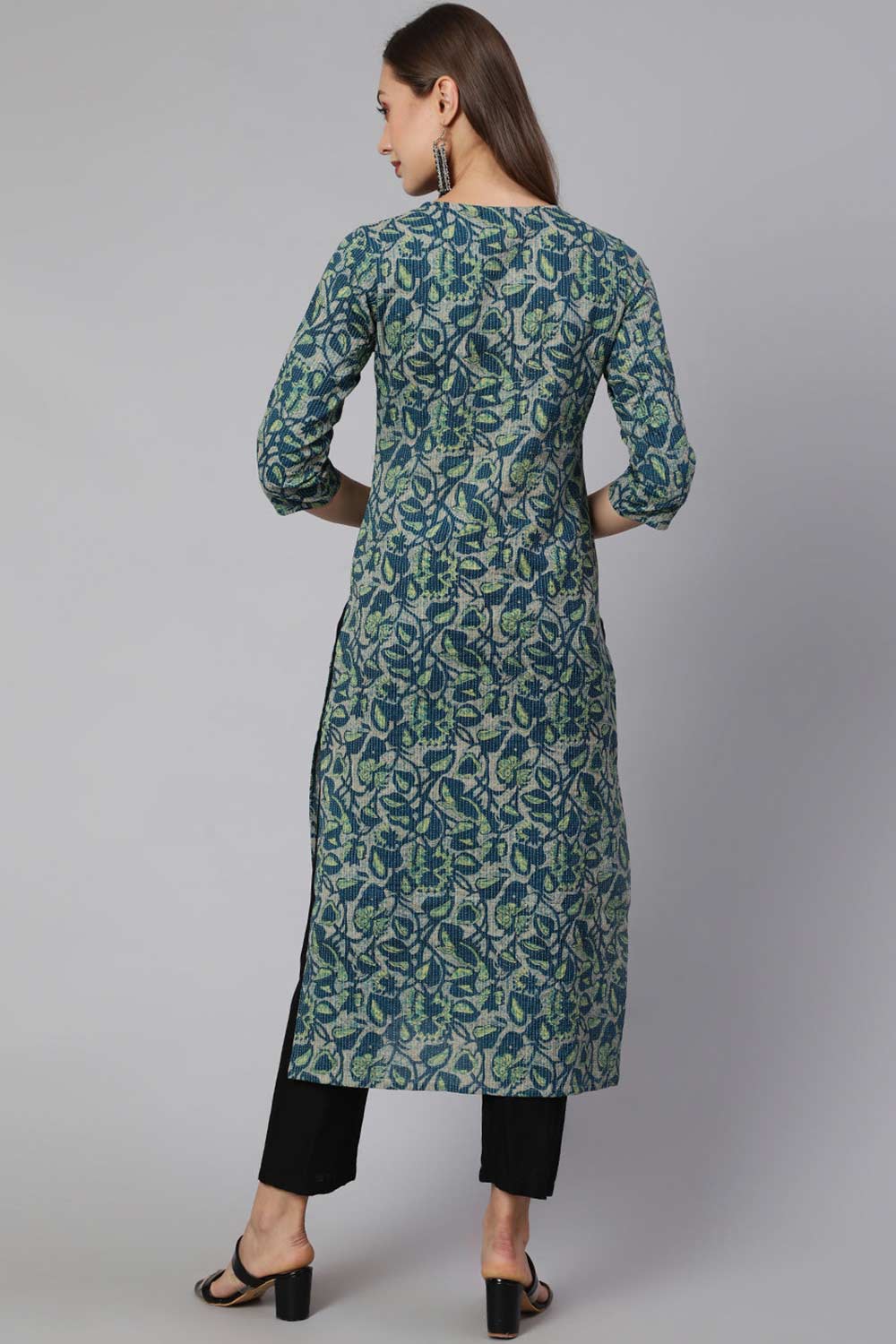 Buy Teal Green Cotton Ethnic Printed Straight Kurta Online - Side