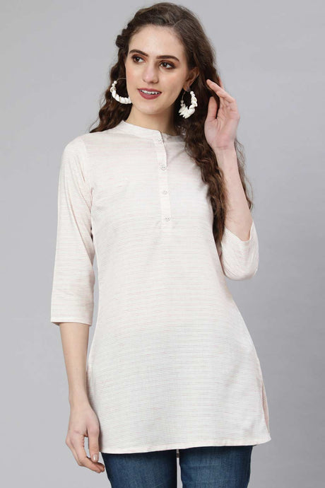 Buy Off-White and Pink Cotton Printed Straight Tunic Online - Back