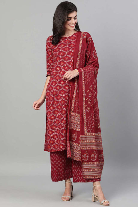 Buy Burgundy Gold Printed Straight Palazzo Suit Set with pockets Online - Front