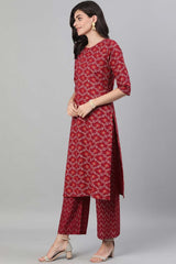 Buy Burgundy Gold Printed Straight Palazzo Suit Set with pockets Online - Side