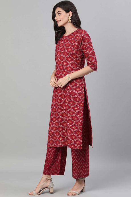 Buy Burgundy Gold Printed Straight Palazzo Suit Set with pockets Online - Side