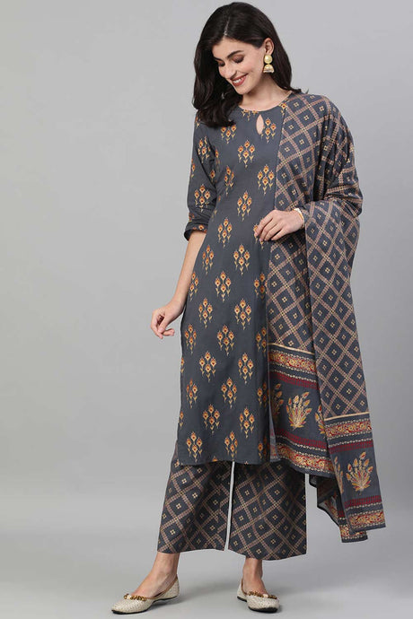 Buy Steel Grey  Gold Printed Straight Palazzo Suit Set with pockets Online - Side