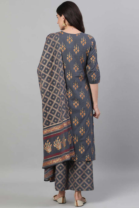 Buy Steel Grey  Gold Printed Straight Palazzo Suit Set with pockets Online - Zoom In