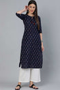 Buy Navy Blue Cotton Ikat Printed Straight Kurta Online - Front