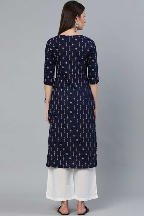 Buy Navy Blue Cotton Ikat Printed Straight Kurta Online - Zoom In