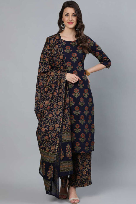 Buy Blue and  Gold Printed traight Palazzo Suit Set Online - Front