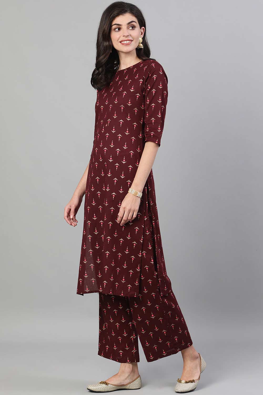 Buy Wine Cotton Printed Kurta with Palazzo with pockets Online - Front
