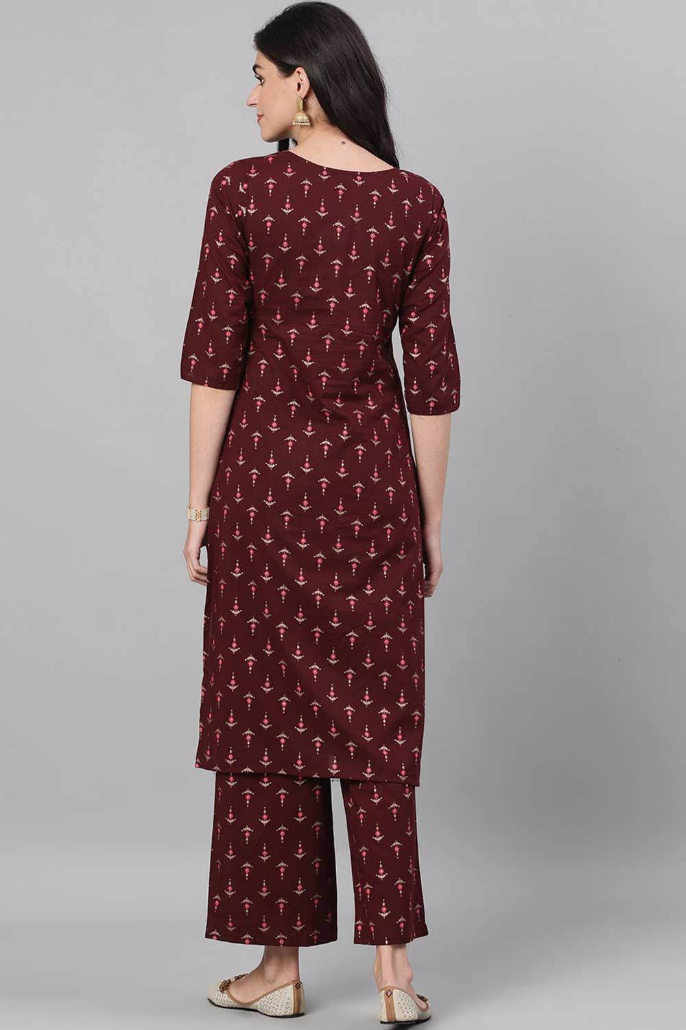 Buy Wine Cotton Printed Kurta with Palazzo with pockets Online - Side