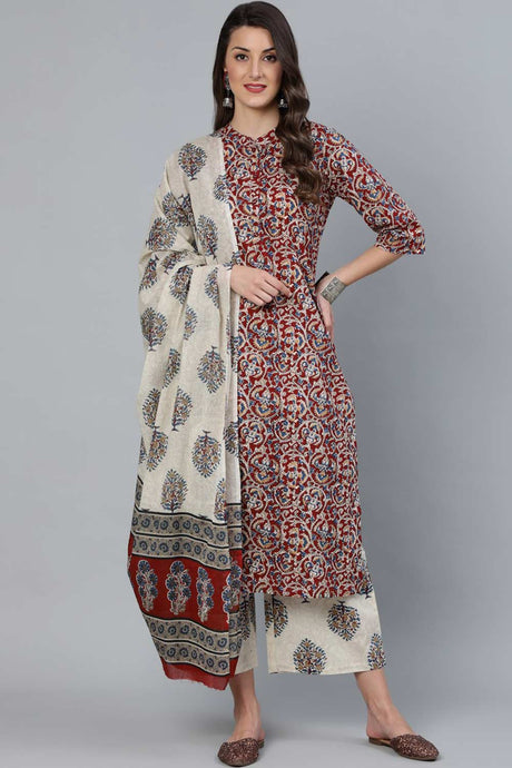 Buy Maroon And Cream Printed Straight Palazzo Suit Set with Printed Dupatta Online - Front