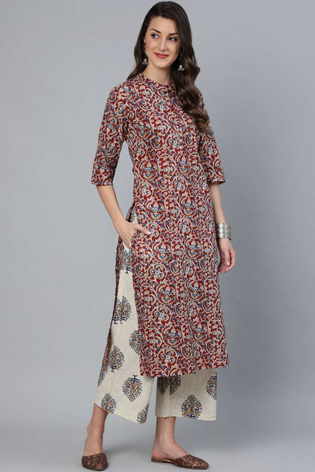 Buy Maroon And Cream Printed Straight Palazzo Suit Set with Printed Dupatta Online - Zoom In
