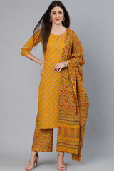 Buy Mustard And Gold Printed Straight Palazzo Suit Set Online - Front