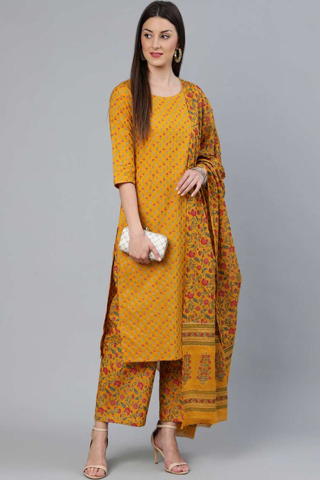 Buy Mustard And Gold Printed Straight Palazzo Suit Set Online