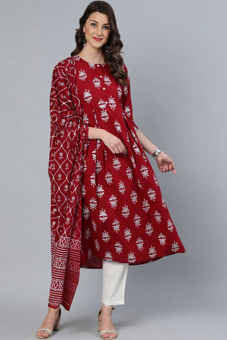 Buy Maroon And Silver Printed Box Pleated Pant Suit Set Online