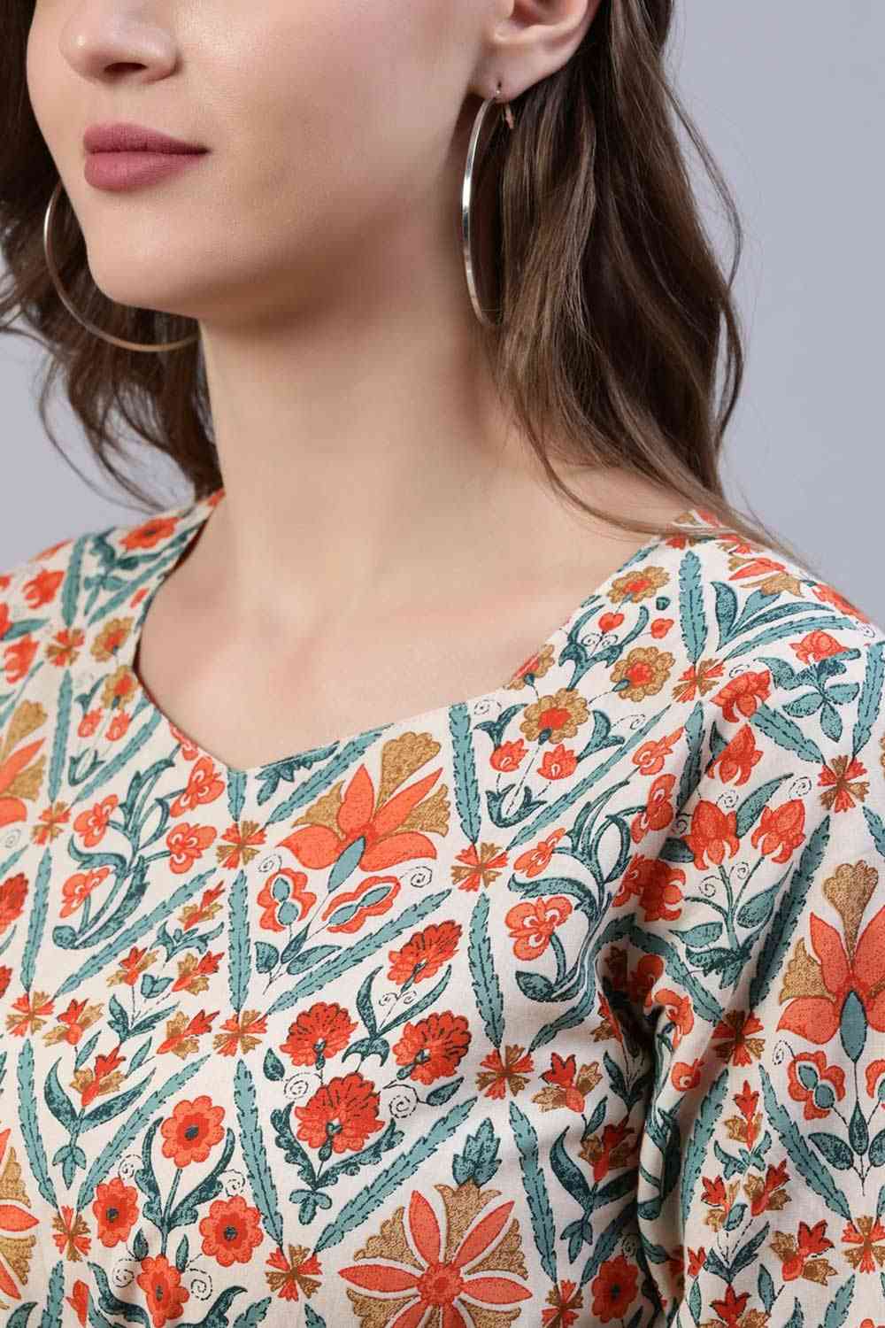 Buy Off-White Cotton Floral Printed Dress Online - Back