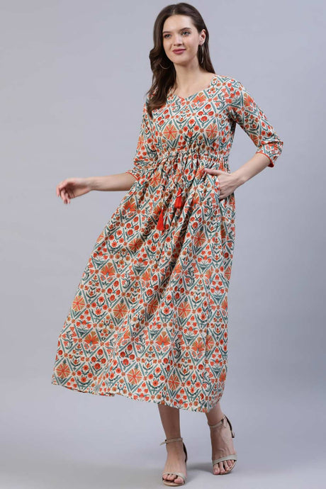 Buy Off-White Cotton Floral Printed Dress Online