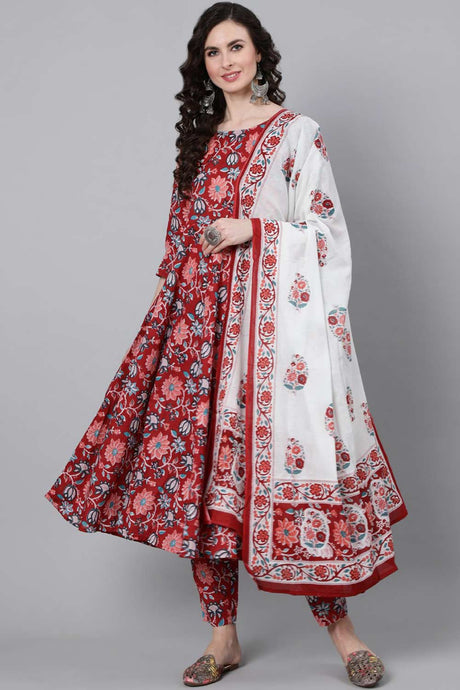 Buy Red Floral Printed Kurta With Trouser & Dupatta Online
