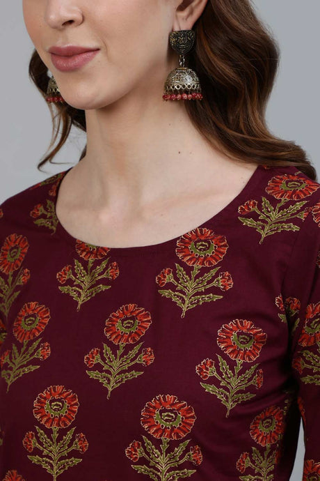 Buy Burgundy Floral Printed Pure Cotton Palazzo Suit Set Online - Back