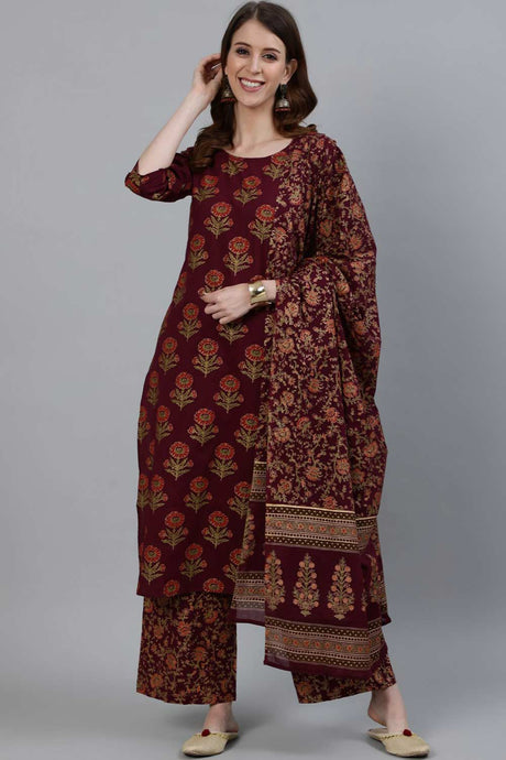 Buy Burgundy Floral Printed Pure Cotton Palazzo Suit Set Online