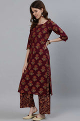 Buy Burgundy Floral Printed Pure Cotton Palazzo Suit Set Online - Side