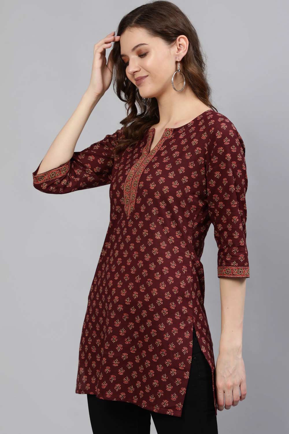 Buy Burgundy Cotton Floral Printed Tunic Online - Front