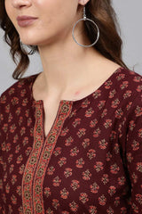 Buy Burgundy Cotton Floral Printed Tunic Online - Back