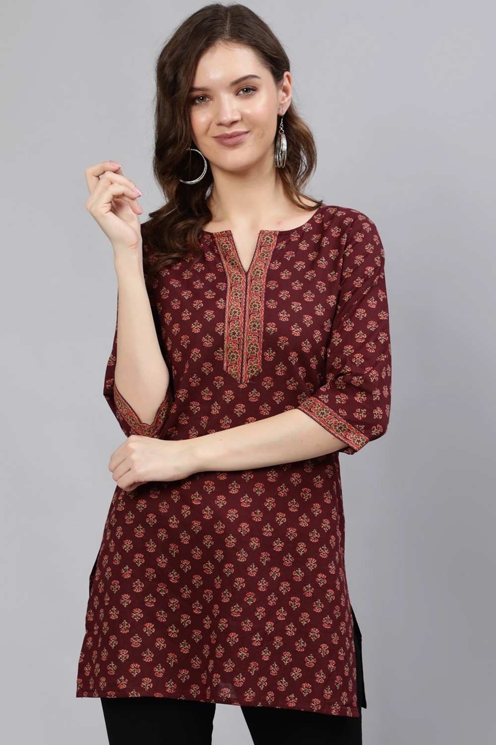 Buy Burgundy Cotton Floral Printed Tunic Online
