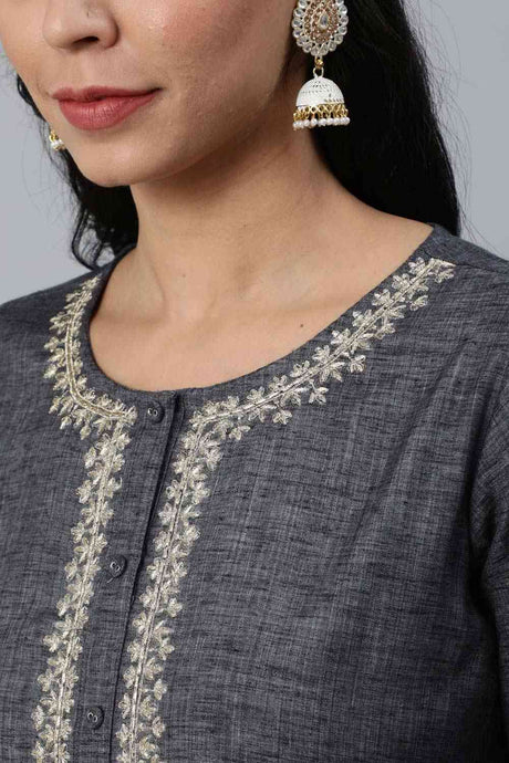 Buy Grey Embroidered Straight Kurta Online - Back
