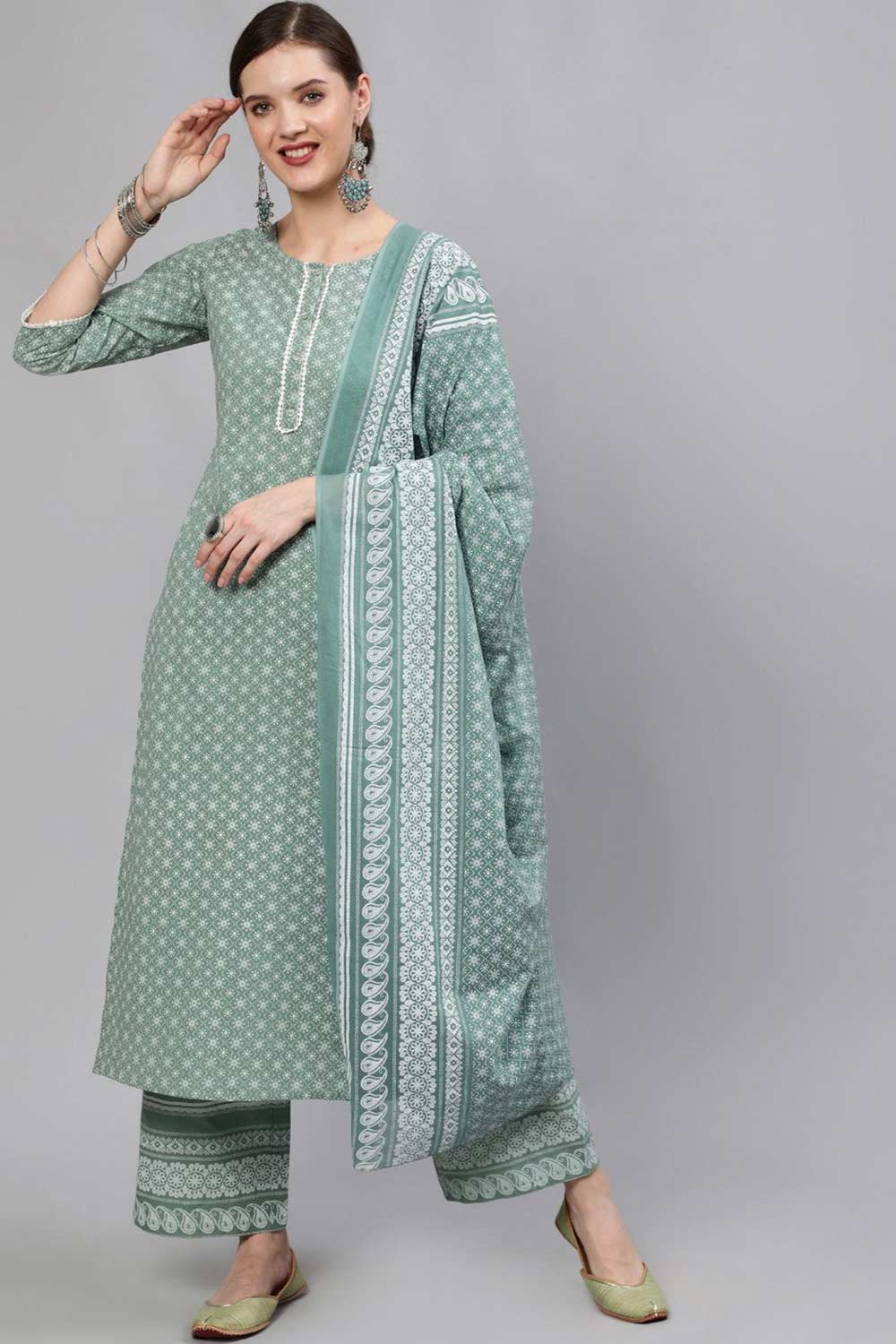 Buy Green Floral Printed Straight Palazzo Suit Set Online - Zoom In