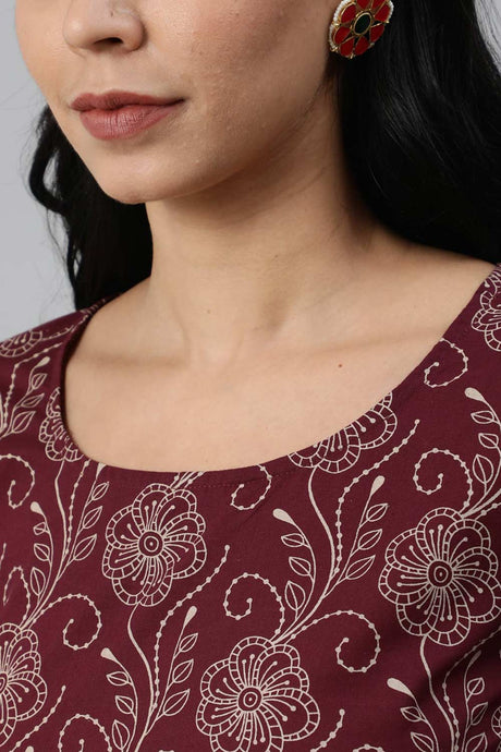 Buy Burgundy And Beige Motifs Printed Pure Cotton Palazzo Suit Set Online - Back