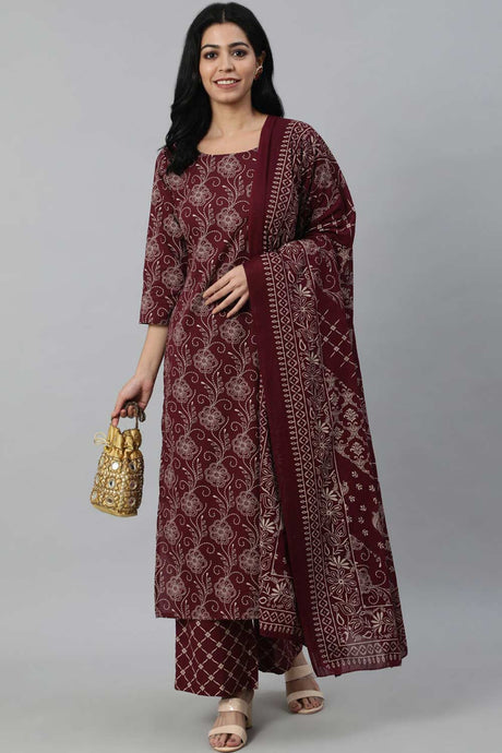 Buy Burgundy And Beige Motifs Printed Pure Cotton Palazzo Suit Set Online