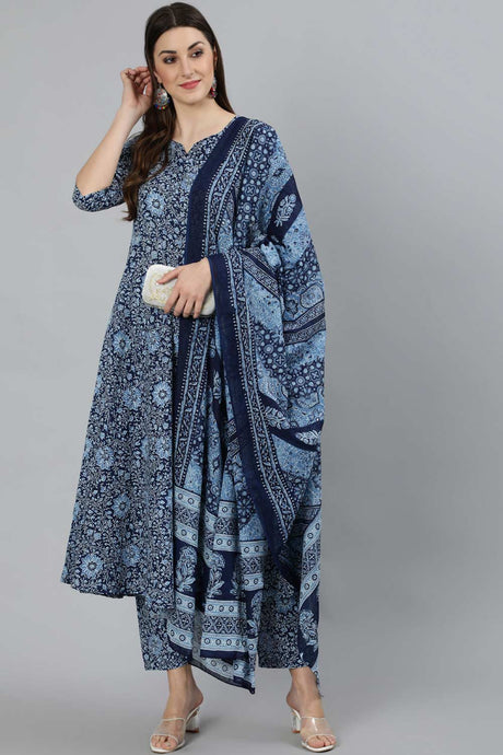Buy Blue Ethnic Motifs Printed  Pure Cotton Palazzo Suit Set Online