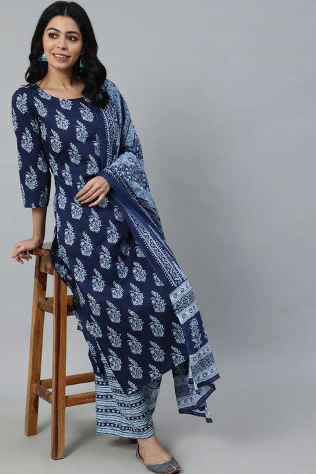 Buy Navy Blue Printed Straight Palazzo Suit Set Online