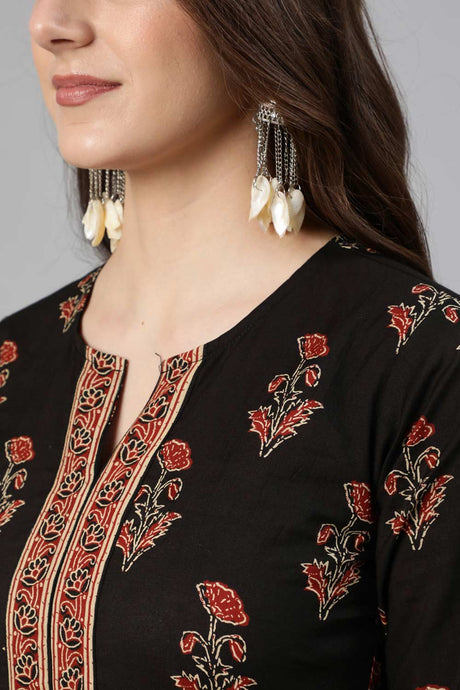 Buy Black & Maroon Floral Printed Straight Kurta With Palazzo And Dupatta Online - Back