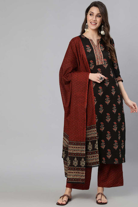 Buy Black & Maroon Floral Printed Straight Kurta With Palazzo And Dupatta Online