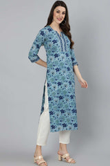 Buy Blue Cotton Floral Printed Straight Kurta Online - Front