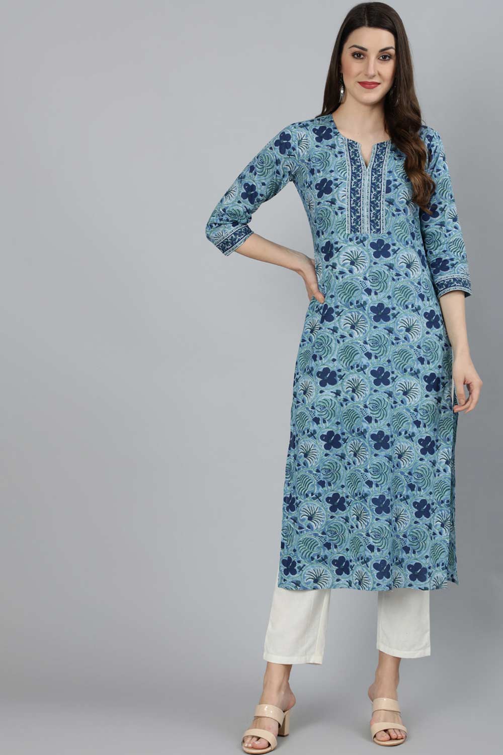 Buy Blue Cotton Floral Printed Straight Kurta Online