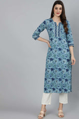 Buy Blue Cotton Floral Printed Straight Kurta Online