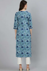 Buy Blue Cotton Floral Printed Straight Kurta Online - Side