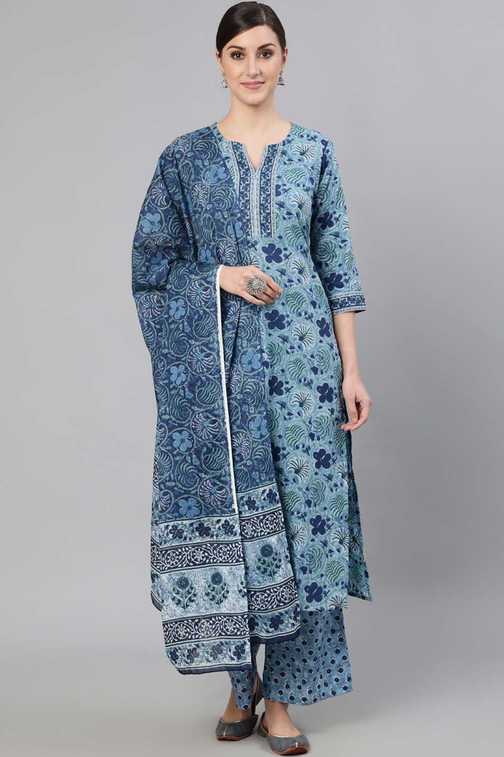 Buy Blue Printed Straight Palazzo Suit Set Online
