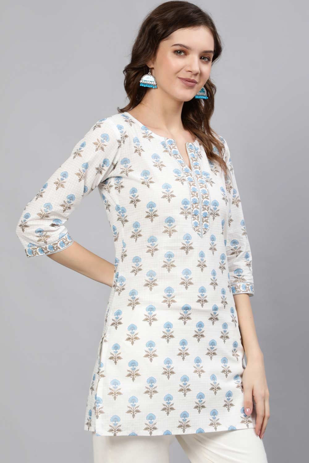 Buy Off-White Cotton Floral Printed Straight Tunic Online - Front