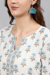 Buy Off-White Cotton Floral Printed Straight Tunic Online - Back