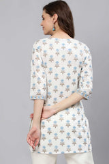 Buy Off-White Cotton Floral Printed Straight Tunic Online - Side