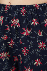 Buy Navy Blue And Pink Floral Printed Flared Pant Suit Set Online - Front