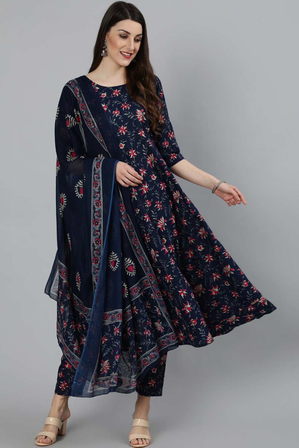 Buy Navy Blue And Pink Floral Printed Flared Pant Suit Set Online