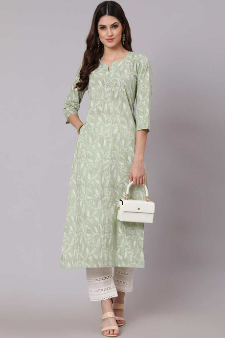 Buy Green Cotton Printed Straight Kurta and White Solid Palazzo With Lace Detail Online